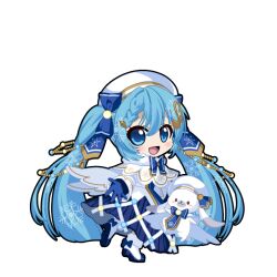  1girl :d animated animated_png beret black_outline blinking blue_bow blue_dress blue_eyes blue_gloves blue_hair blush boots bow braid braided_bangs capelet chibi chibi_only dress footwear_bow full_body fur-trimmed_capelet fur_trim game_asset gloves hair_between_eyes hair_bow hair_ornament hat hatsune_miku hatsune_miku_graphy_collection long_hair long_sleeves looking_at_viewer musical_note musical_note_hair_ornament open_mouth outline outstretched_arm rabbit_yukine reaching reaching_towards_viewer smile snowflake_print solo standing standing_on_one_leg transparent_background twintails very_long_hair vocaloid white_boots white_capelet white_dress white_hat white_wings wings yuki_miku yuki_miku_(2021) 