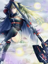  1girl ankle_boots bardiche_(assault_form)_(nanoha) bardiche_(nanoha) blonde_hair boots building cape commentary_request electricity energy_ball fate_testarossa feet_out_of_frame floating floating_cape floating_hair gloves halberd highres holding holding_polearm holding_weapon long_hair looking_at_viewer lyrical_nanoha magic magical_girl mahou_shoujo_lyrical_nanoha_exceeds:_gun_blaze_vengeance partially_shaded_face polearm red_eyes skirt so_ya_(soyamaru) solo twintails weapon white_boots white_cape white_skirt 