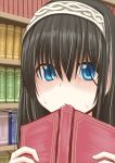  1girl blue_eyes blush book bookshelf face grey_hair hairband idolmaster idolmaster_cinderella_girls long_hair open_mouth raryuu sagisawa_fumika solo sweat 