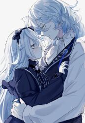  1boy 1girl ahoge black_bow black_bowtie black_dress black_vest blue_eyes blunt_ends bow bow_hairband bowtie catriona commentary_request dress finneas frilled_sleeves frills gem gothic_lolita grey_eyes hair_over_one_eye hairband highres hug karunabaru lolita_fashion long_hair long_sleeves looking_at_another looking_down looking_up medium_hair necktie purple_gem red_pupils shadowverse shadowverse:_worlds_beyond shirt sketch vest waistcoat white_background white_hair white_necktie white_shirt yellow_eyes 