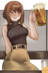  1girl absurdres aged_up alcohol arm_behind_back bare_shoulders beer beer_mug belt black_belt black_sweater blush_stickers boku_no_hero_academia breasts brown_hair commentary cup highres holding holding_cup koffre3 medium_breasts medium_hair mug skirt sleeveless sleeveless_sweater smile solo sweater teeth turtleneck turtleneck_sweater upper_teeth_only uraraka_ochaco 