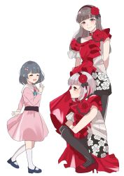  3girls 6th_live_dream_~bloom_garden_party~ :d ^_^ animification black_pantyhose black_shoes black_shorts bob_cut brown_eyes child closed_eyes closed_mouth commentary_request dream_believers dress floral_print floral_print_shorts flower flower_hairband flower_stand_art full_body grey_hair hairband high_heels highres inverted_bob long_hair looking_at_another love_live! love_live!_hasu_no_sora_jogakuin_school_idol_club mary_janes multicolored_hair multiple_girls open_mouth pantyhose pink_dress print_shorts profile real_life red_flower red_hairband red_rose red_shoes red_streaks roku_aya_fuyu rose sasaki_kotoko second-party_source shiawase_no_ribbon shoes short_hair shorts simple_background smile squatting standing streaked_hair virtual_youtuber voice_actor voice_actor_connection white_background yugiri_tsuzuri 