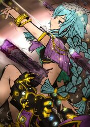  1girl blue_eyes blue_hair bracelet braid breasts capelet floating_gun gold_bracelet gun jewelry long_hair midriff miniskirt moldimolt_(stella_glow) purple_capelet skirt small_breasts solo stella_glow swkapyxulk69980 twin_braids very_long_hair weapon 