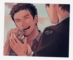  2boys adachi_tooru beard_stubble black_hair black_jacket blurry border cigarette closed_eyes collared_shirt commentary dated depth_of_field doujima_ryoutarou facial_hair fingernails grey_shirt hand_up hands_up holding holding_cigarette holding_lighter jacket lighter lighting_another's_cigarette lighting_cigarette long_sleeves male_focus multiple_boys necktie niru_urin open_mouth own_hands_together persona persona_4 red_necktie shirt short_hair sideburns_stubble smile stubble suit_jacket teeth twitter_username untranslatable_commentary upper_body upper_teeth_only white_border white_shirt 