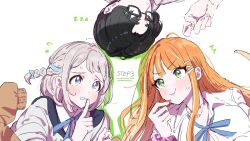  1boy 2girls ^^^ absurdres black_hair blue_ribbon blush braid commentary_request curtained_hair finger_to_mouth fingernails flying_sweatdrops gakuen_idolmaster grey_hair hair_ribbon half_up_braid hatsuboshi_gakuen_school_uniform highres idolmaster kasasagi_(futagodori888) katsuragi_lilja looking_at_another lying mole mole_under_eye multiple_girls nail_polish neck_ribbon on_back orange_hair producer_(idolmaster) ribbon ribbon_in_braid school_uniform scrunchie shirt shiun_sumika short_hair shushing sleeping smile upper_body white_shirt wrist_scrunchie zzz 