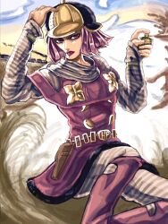  1girl belt black_fur black_hat bob_cut bodysuit boots capelet clothing_cutout commentary cream_starter_(stand) dress english_commentary flower_ornament fur-trimmed_dress fur_trim gold_belt gold_flower grey_bodysuit hat highres hiroya_(hirogaya_02) holster hot_pants_(sbr) jojo_no_kimyou_na_bouken leaf_ornament makeup pink_boots pink_capelet pink_dress pink_eyes pink_hair short_hair shoulder_cutout solo stand_(jojo) steel_ball_run striped_bodysuit 