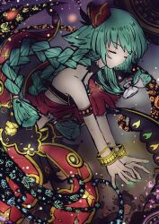  bracelet braid capelet closed_eyes gold_bracelet green_hair hat jewelry long_hair midriff niki_(stella_glow) red_capelet solo stella_glow swkapyxulk69980 twin_braids very_long_hair 