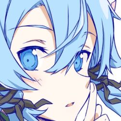  1girl animal_ears asagi501 black_ribbon blue_eyes blue_hair cat_ears cat_girl commentary double-parted_bangs finger_to_mouth hair_between_eyes hair_ribbon hand_up head_only looking_at_viewer lowres messy_hair nose parted_lips ribbon sidelocks simple_background sinon sinon_(sao-alo) solo sword_art_online untranslatable_commentary white_background 