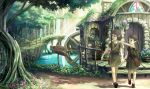  bag barrel brown_eyes brown_hair butterfly child elf fantasy flower harupy highres landscape nature original pointing pointy_ears scenery short_hair sign tree tunic water water_wheel waterfall 