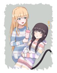  2girls :d animal aqua_eyes asakura_karen_(heaven_burns_red) black_hair blonde_hair blunt_bangs blush cat cat_tail closed_eyes commentary cowboy_shot grey_background hair_between_eyes hair_down heaven_burns_red highres holding holding_animal holding_cat hood hood_down long_hair long_sleeves looking_at_another low_twintails lying_on_lap motion_lines multiple_girls open_mouth outside_border pajamas sidelocks simple_background sleeping sleeping_on_person smile striped_clothes striped_pajamas tail toujou_tsukasa tsurugi_hisui twintails very_long_hair white_cat zipper zzz 