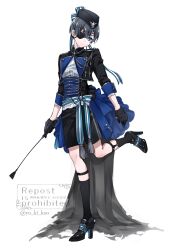  1boy black_gloves black_hat black_jacket black_shorts blue_eyes ciel_phantomhive commentary_request eyepatch gloves hat highres holding holding_riding_crop jacket kuroshitsuji looking_down ouji_fashion pillbox_hat riding_crop shorts solo standing standing_on_one_leg white_background yu_ki_koo 