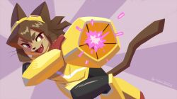  absurdres aiming aiming_at_viewer animal_ears arm_cannon brown_hair cat_ears cat_girl cat_tail commentary dress english_commentary furry furry_female gameoverse gauntlets goggles goggles_on_head highres kit_(gameoverse) red_eyes short_hair sy_noon tail toon_(style) weapon whiskers yellow_dress yellow_gauntlets 
