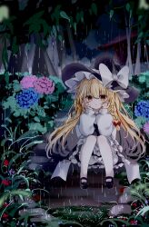  1girl absurdres apron black_hat black_shoes black_skirt black_vest blonde_hair bloomers blue_flower bow braid commentary flower hair_bow hat hat_bow highres hydrangea kirisame_marisa long_hair long_sleeves looking_at_viewer mary_janes nya_(pixiv_100585577) orange_eyes outdoors pantyhose pink_flower rain red_bow shoes side_braid single_braid sitting skirt solo touhou very_long_hair vest waist_apron white_apron white_bloomers white_bow white_pantyhose witch_hat 