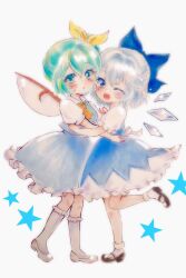  2girls :d ascot black_shoes blue_bow blue_eyes blue_skirt blue_vest blush bow bowtie cirno commentary_request daiyousei fairy fairy_wings full_body green_eyes green_hair hug ice ice_wings kneehighs leg_up looking_at_viewer multiple_girls open_mouth red_bow red_bowtie sahanna shirt shoes short_sleeves side_ponytail simple_background skirt smile socks star_(symbol) touhou vest white_background white_shirt white_shoes white_socks wings yellow_ascot yellow_bow 
