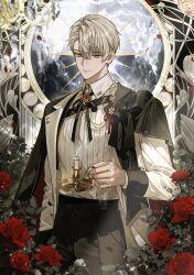  1boy absurdres black_cape black_jacket black_pants black_ribbon blue_eyes brooch candle candlestand cape chandelier closed_mouth collared_shirt cowboy_shot cross_tie expressionless flower gem grey_hair hair_between_eyes highres holding jacket jewelry long_sleeves looking_at_viewer male_focus neck_ribbon nnapeu original pants petals red_flower red_rose ribbon rose shirt short_hair solo standing white_jacket white_shirt 