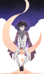  1boy :d absurdres black_hair black_jacket black_shoes blush buttons checkered_clothes checkered_scarf chen_yan commentary_request crescent_moon danganronpa_(series) danganronpa_v3:_killing_harmony double-breasted eyebrows_hidden_by_hair flipped_hair full_body highres jacket jacket_on_shoulders knees_apart_feet_together long_sleeves male_focus medium_hair moon oma_kokichi open_mouth pants sand scarf shirt shoes simple_background sitting sky smile solo spiky_hair star_(sky) starry_sky teeth tsurime upper_teeth_only upturned_eyes violet_eyes white_background white_pants white_shirt 