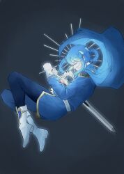  1boy black_background blue_cape blue_hair blue_pants blue_tunic boots cape closed_eyes closed_mouth commentary curled_up english_commentary fire_emblem fire_emblem:_genealogy_of_the_holy_war from_side gloves glowing headband highres long_hair long_sleeves low_ponytail male_focus midair pants ponytail seliph_(fire_emblem) sidelocks simple_background skirt solo tunic tyrfing_(fire_emblem) white_boots white_gloves white_headband white_skirt yurari_forever 