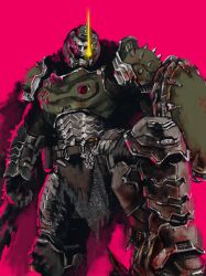  1boy armor assault_visor commentary doom_(series) doomguy double-barreled_shotgun english_commentary green_armor grey_assault_visor gun highres male_focus mark_of_the_doom_slayer nasutetsu praetor_suit shield_saw_(doom) shotgun solo space_marine weapon 