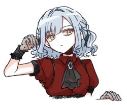  1girl alternate_hair_length_(longer) ascot at_09098 bang_dream! bang_dream!_it's_mygo!!!!! black_ascot black_ribbon blue_hair closed_mouth commentary_request gem grey_gem hair_ribbon korean_commentary oblivionis_(bang_dream!) red_shirt ribbon shirt short_hair simple_background solo togawa_sakiko upper_body white_background yellow_eyes 