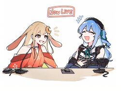  2girls animal_ears bare_shoulders black_hat blonde_hair blue_eyes blue_hair cho_kaguya-hime! collarbone commentary crescent crescent_hair_ornament crossover detached_sleeves english_commentary english_text grin hair_ornament hat highres hololive hoshimachi_suisei hoshimachi_suisei_(casual) kaguya_(cho_kaguya-hime!) kiel_adair lace lace_sleeves laughing long_hair lop_rabbit_ears multiple_girls official_alternate_costume open_mouth orange_eyes rabbit_ears simple_background smile tearing_up upper_body virtual_youtuber white_background 