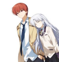  1boy 1girl ^_^ angel_beats! black_skirt blush closed_eyes closed_mouth collared_shirt commentary_request cowboy_shot dress_shirt dutch_angle eyes_visible_through_hair grey_hair hair_between_eyes hand_in_pocket happy highres jacket korean_commentary long_hair looking_at_viewer neck_ribbon open_clothes open_jacket orange_hair otonashi_yuzuru parted_bangs pleated_skirt red_eyes ribbon saang2cm shinda_sekai_sensen_uniform shirt short_hair sidelocks simple_background skirt smile split_mouth straight_hair suit_jacket tachibana_kanade tsurime very_long_hair white_background white_shirt yellow_jacket yellow_ribbon 