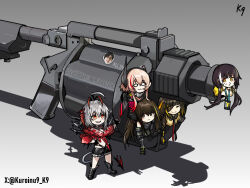  5girls :3 arknights black_hair brown_hair crossover demon_girl demon_horns demon_tail eyepatch girls_frontline grenade_launcher heterochromia horns kuroinu9 lowlight_kirilenko_(character) m16a1_(girls'_frontline) m4_sopmod_ii_(girls'_frontline) m4a1_(girls'_frontline) multiple_girls pink_hair ro635_(girls'_frontline) tail w_(arknights) weapon white_hair wis'adel_(arknights) 