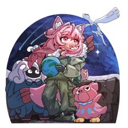  1girl absurdres alternate_costume animal_ear_fluff animal_ears bag bird black_gloves boots cargo_pants commentary_request crossover double_bun flying fox_ears fox_tail full_body fur-trimmed_jacket fur_trim globe gloves green_bag green_boots green_jacket green_pants hair_bun hakui_koyori highres holding hololive jacket jadea5124 long_hair looking_up lugia night open_mouth outdoors pants pink_hair pointing pointing_up pokemon pokemon_(creature) pokemon_pokopia professor_tangrowth round_eyewear shooting_star sky smile snubbull standing star_(sky) starry_sky tail tangrowth teeth upper_teeth_only violet_eyes virtual_youtuber wolf_ears wolf_girl wolf_tail 