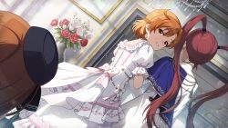  3girls card_commentary commentary_request day dress dutch_angle floral_print floral_print_dress flower game_asset grin idolmaster idolmaster_million_live! idolmaster_million_live!_theater_days indoors long_hair looking_back matsuda_arisa minase_iori multiple_girls official_alternate_costume official_art orange_hair out_of_frame print_dress puffy_short_sleeves puffy_sleeves red_flower red_hair red_rose rose short_hair short_sleeves smile standing third-party_source twintails vase white_dress white_flower white_rose yabuki_kana yellow_eyes 