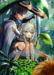  1boy 1girl anemo_symbol_(genshin_impact) anklet arm_on_thigh armlet asymmetrical_sidelocks black_bodysuit black_bridal_gauntlets black_hair black_shorts bloomers blue_cape blue_hat blue_jingasa blue_sleeves blunt_ends blurry blush bodysuit braid bridal_gauntlets cape closed_mouth colored_tips cross-shaped_pupils depth_of_field detached_sleeves dew_drop dress eyelashes eyeliner flower furisode gecko gem genshin_impact gold gold_anklet gold_armlet grass green_dress green_eyes green_gem green_hair green_sleeves hair_intakes hakama hakama_shorts half_crown_braid happy hat improvised_umbrella japanese_clothes jewelry jingasa kimono kumanee3 layered_sleeves leaf_umbrella leg_warmers lily_(flower) lily_pad looking_at_animal makeup mandarin_collar multicolored_hair mushroom nahida_(genshin_impact) open_mouth outdoors plant pleated_shorts pond purple_rope rain red_eyeliner rope scaramouche_(genshin_impact) short_sleeves shorts shoulder_peek side_cape sidelocks sitting smile socks spinocrocodile_(genshin_impact) squatting stirrup_footwear symbol-shaped_pupils tsurime violet_eyes vision_(genshin_impact) wanderer_(genshin_impact) water_drop white_bloomers white_hair white_kimono white_leg_warmers white_sleeves white_socks white_trim yellow_flower yellow_pupils 