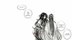  2boys black_hair blood blood_on_clothes blood_on_face chinese_clothes commentary curtained_hair faceless faceless_male faux_traditional_media greyscale half_updo hanfu holding_hands korean_text long_hair long_sleeves looking_at_another luo_binghe male_focus monochrome multiple_boys parted_bangs renzha_fanpai_zijiu_xitong shen_qingqiu simple_background speech_bubble straight_hair tkkk_997 very_long_hair wavy_hair white_background wide_sleeves xiao_guan_(headdress) 