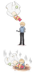  2boys bag bald black_pants black_sclera blonde_hair blue_hoodie boots brown_eyes cape closed_mouth colored_sclera cyborg drawstring falling genos highres hood hood_down hoodie ie_(nyj1815) jumpsuit lettuce male_focus multiple_boys one-punch_man pants plastic_bag red_boots saitama_(one-punch_man) sleeveless sleeveless_hoodie spring_onion white_background white_cape yellow_jumpsuit 