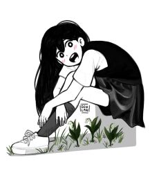  1girl :d artist_name bare_arms bent_back blush bright_pupils commentary dot_nose double-parted_bangs flower from_side full_body grass greyscale hair_behind_ear hair_between_eyes high_contrast highres invisible_chair kneehighs leaf lily_of_the_valley long_hair looking_at_viewer mari_(faraway)_(omori) mari_(omori) miniskirt monochrome omori open_mouth osulan pleated_skirt round_teeth shadow shirt shoelaces shoes short_sleeves simple_background sitting skirt smile sneakers socks solo spot_color straight_hair sweater_vest tareme teeth tongue upper_teeth_only very_long_hair white_background wide-eyed 