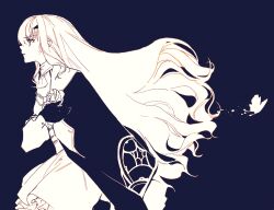  1girl ascot blue_background cape cowboy_shot dress fate/grand_order fate_(series) gloves hair_between_eyes hair_ornament hairclip highres long_hair long_sleeves melusine_(fate) monochrome open_mouth profile qiminghaonan99820 solo 