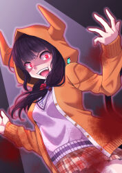  1girl asakura_karen_(heaven_burns_red) black_hair blood blood_stain fangs glowing heaven_burns_red hood hooded_jacket hoodie jacket kanyasu looking_at_viewer low_twintails open_clothes open_jacket orange_hoodie orange_jacket red_eyes teeth twintails upper_body upper_teeth_only 