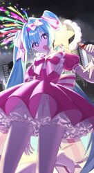  1girl blue_hair boots bow bowtie building cityscape commentary_request dress fireworks gloves hairband hatsune_miku high_heel_boots high_heels highres holding holding_staff ima_sugu_rinne_(vocaloid) layered_dress long_hair looking_at_viewer macha_3939 magical_girl night open_mouth pink_bow pink_bowtie pink_dress pink_hairband puffy_short_sleeves puffy_sleeves short_sleeves skyscraper solo staff star-shaped_pupils star_(symbol) striped_bow striped_bowtie striped_clothes symbol-shaped_pupils twintails two-tone_bow two-tone_bowtie vocaloid white_boots white_bow white_bowtie white_gloves 