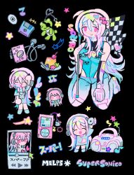  artist_name asterisk_(symbol) black_background blueberry cd_player character_name charm_(object) cherry chibi disc earphones earphones floppy_disk food fruit hair_ornament headphones heart hello_kitty_(character) highres ipod melps mp3_player musical_note musical_note_hair_ornament nitroplus pink_eyes pink_hair plate play_button print_shirt pudding sanrio shirt spoon star_(symbol) stuffed_animal stuffed_toy super_sonico teddy_bear 