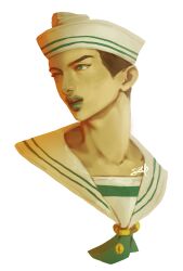  1boy absurdres black_hair blue_eyes collarbone commentary cropped_shoulders dixie_cup_hat english_commentary green_eyes green_lips green_neckerchief hat higashikata_josuke_(jojolion) highres jojo_no_kimyou_na_bouken jojolion looking_to_the_side makeup male_focus military_hat neckerchief parted_lips portrait sailor sailor_collar sailor_hat signature simple_background solo tooth_gap user_thtn4582 white_background white_hat white_sailor_collar 