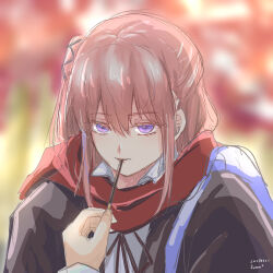  1girl blush chocolate collared_shirt food food_in_mouth girls_frontline hair_between_eyes highres holding holding_food jacket johnjohn_(johnjohn_1028) long_hair long_sleeves mouth_hold pink_hair pocky pocky_in_mouth red_scarf scarf school_uniform shirt st_ar-15_(girls'_frontline) st_ar-15_(literary_girl)_(girls'_frontline) tactical_school_uniform violet_eyes white_shirt 