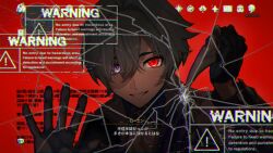  1boy armor belt belt_collar black_belt black_gloves blue_shirt choker coat collar collared_shirt commentary_request crack cracked_glass earrings english_text genshin_impact glass gloves glowing glowing_eye green_hair grin hair_between_eyes highres holding holding_knife holding_weapon jewelry knife lohen_(genshin_impact) long_sleeves looking_at_viewer male_focus mole mole_under_eye multicolored_eyes red_background red_eyes ru_ri1107 shirt short_hair shoulder_armor sign single_earring smile solo upper_body user_interface warning_sign weapon 