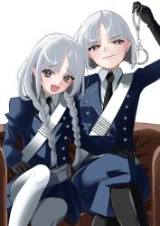  1boy 1girl absurdres belt black_eyes black_gloves black_jacket black_pants black_skirt blush braid breasts buttons collared_shirt commentary_request couch cuffs double-breasted elbow_gloves fate/grand_order fate_(series) francesca_prelati_(fate) francesca_prelati_(second_ascension)_(fate) francois_prelati_(fate) francois_prelati_(second_ascension)_(fate) gloves grey_hair handcuffs highres jacket long_hair long_sleeves looking_at_viewer medium_breasts necktie nigori_(keydoor) open_mouth pants pantyhose parted_bangs ringed_eyes shirt short_hair skirt smile thighs twin_braids white_pantyhose white_shirt 
