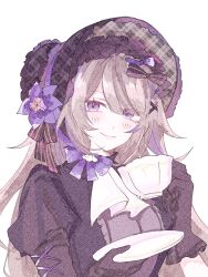  1girl ascot black_bonnet black_bow black_dress black_gloves black_ribbon blush bonnet bow breasts brown_hair commentary_request cup dot_nose dress flower frills gloves hair_flower hair_ornament herta_(honkai:_star_rail) highres honkai:_star_rail honkai_(series) juliet_sleeves light_smile lily_(flower) lolita_fashion long_hair long_sleeves looking_at_viewer medium_breasts multicolored_hair multicolored_ribbon official_alternate_costume puffy_sleeves purple_bow purple_flower purple_ribbon purple_streaks raised_eyebrows ribbon saucer sidelocks simple_background smile solo streaked_hair swept_bangs teacup the_herta_(honkai:_star_rail) the_herta_(tea_break)_(honkai:_star_rail) uiqigz upper_body violet_eyes white_ascot white_background x_hair_ornament 