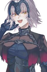  1girl armor black_armor black_gloves blue_dress breasts brown_capelet capelet chain commentary_request dress fate/grand_order fate_(series) gloves grey_hair hair_between_eyes hand_up headpiece highres holding_own_hair jeanne_d'arc_alter_(avenger)_(fate) jeanne_d'arc_alter_(fate) large_breasts looking_at_viewer me_me_korin open_mouth short_hair simple_background smile solo teeth tongue upper_body white_background yellow_eyes 