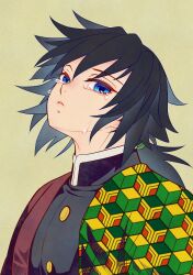 1boy absurdres black_hair black_jacket blue_eyes buttons commentary_request crying crying_with_eyes_open demon_slayer_uniform gold_buttons hair_between_eyes haori high_collar highres jacket japanese_clothes kakusiinuko kikkoumon kimetsu_no_yaiba long_hair looking_at_viewer low_ponytail male_focus parted_lips ponytail print_haori red_haori simple_background solo spiky_hair tears teeth tomioka_giyuu 