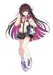  1girl alternate_costume bag black_bag black_hair black_skirt bow bowtie cardigan character_charm charm_(object) columbina_(genshin_impact) commentary_request full_body genshin_impact hands_up highres light_blush long_hair long_sidelocks long_sleeves looking_at_viewer luonnotar_(genshin_impact) motoi_ayumu multicolored_hair open_mouth pleated_skirt purple_hair shoes shoulder_bag sidelocks simple_background skirt sneakers socks solo standing striped_bow striped_bowtie striped_clothes unusually_open_eyes very_long_hair violet_eyes white_background white_shoes white_socks yellow_bow yellow_bowtie yellow_cardigan 