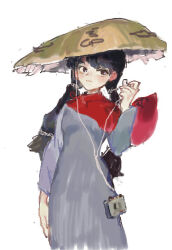  1girl 4oop :3 ajirogasa arm_at_side black_hair breasts capelet closed_mouth commentary_request cowboy_shot dress earphones grey_dress hand_up hat long_hair long_sleeves looking_at_viewer mp3_player red_capelet simple_background small_breasts smile solo touhou twintails white_background yatadera_narumi 