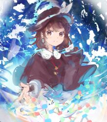 absurdres black_capelet black_hat blush bow brown_eyes brown_hair capelet closed_mouth collared_shirt commentary hair_bow hat hat_bow highres long_sleeves medium_hair shirt smile touhou usami_renko uwazumi white_shirt 