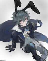  1boy absurdres ahoge animal_ear_hairband animal_ears armor black_boots black_gloves blue_shirt boots cape choker collared_shirt fake_animal_ears finger_to_cheek full_body genshin_impact gloves green_hair hair_between_eyes hairband highres lohen_(genshin_impact) long_sleeves looking_at_viewer male_focus multicolored_eyes pants pauldrons rabbit_ear_hairband rabbit_ears sakurayru shirt short_hair shoulder_armor single_pauldron sitting smile solo straight-on thigh_boots white_background white_pants 
