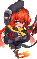  1girl 1other 2days_wotori absurdres asymmetrical_gloves black_hat black_horns blush breasts curled_horns dragon_girl dragon_horns dragon_tail dress embarrassed fingerless_gloves from_above full_body gloves green_eyes hair_between_eyes hat highres horns long_hair looking_to_the_side magus_(zenless_zone_zero) mechanical_horns mechanical_tail mismatched_gloves open_mouth orange_hair orange_pupils orphie_magnusson pointy_ears simple_background single_fingerless_glove tail thigh-highs twintails white_background yellow_gloves zenless_zone_zero zipper_dress 