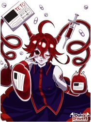  1girl artist_name blood blood_bag blue_shirt blue_skirt character_name colored_skin detached_sleeves dustydrawsss highres kasane_teto needle pill red_hair red_sleeves shirt skirt solo tongue tongue_out utau white_background white_skin 