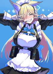  1girl :d alternate_costume animal_ear_fluff animal_ears apron blonde_hair blue_archive blue_bow blue_bowtie blue_eyes blue_halo blush bow bowtie bun_cover collared_shirt commentary_request cosplay dog_ears dog_girl double_v embarrassed enmaided frilled_apron frills hair_bun hair_over_one_eye halo headset highres kanna_(blue_archive) long_hair long_sleeves looking_at_another looking_at_viewer maid maid_apron maid_headdress meetnox nose_blush sharp_teeth shirt shoulder_strap sidelocks simple_background single_hair_bun smile tearing_up teeth toki_(blue_archive) toki_(blue_archive)_(cosplay) turtleneck v white_apron 